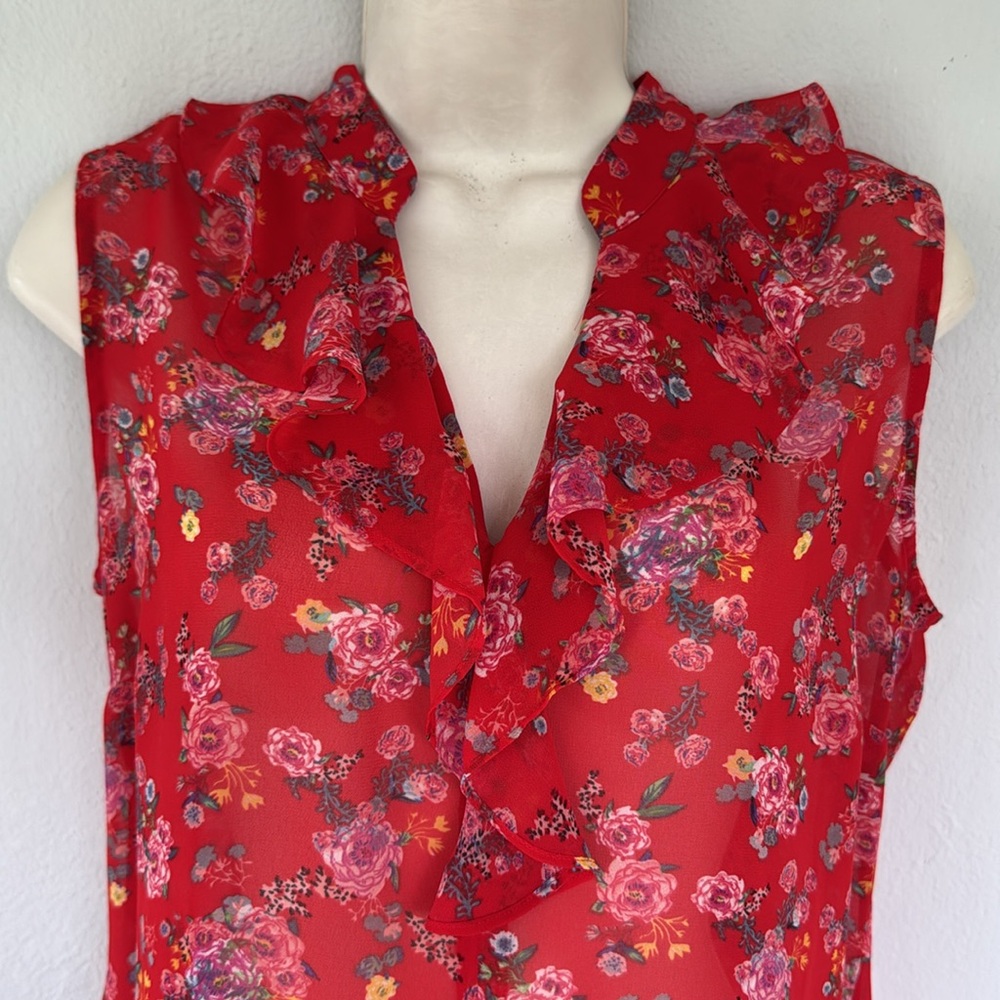 CAbi red floral sleeveless ruffle trim sheer fabric blouse size small - Picture 4 of 11